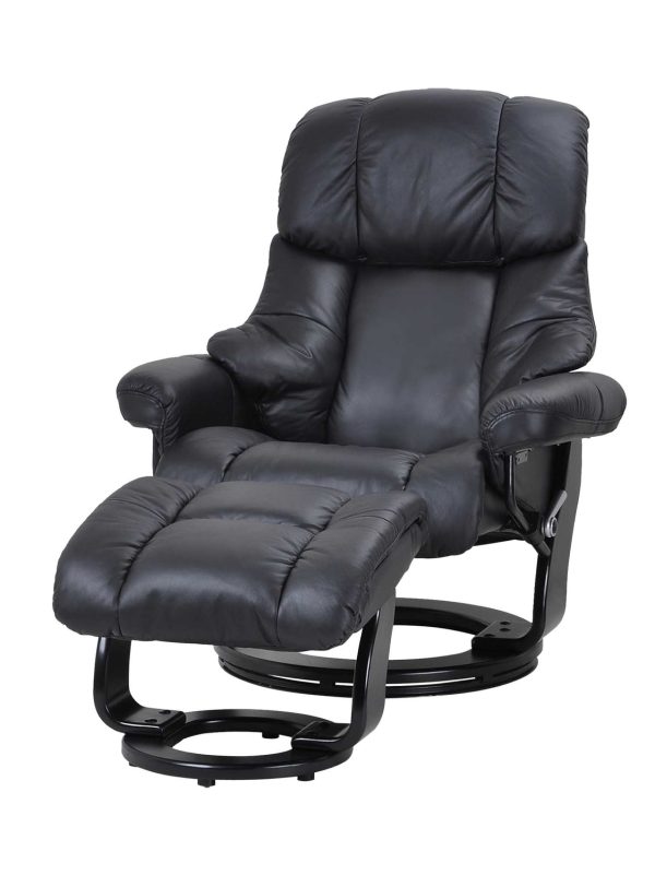 Crown recliner stol - sort læder, inkl. fodskammel