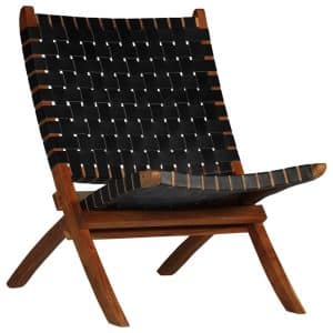 Foldbar stol ægte læder krydsstriber sort