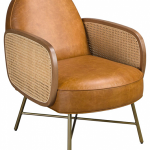 Lænestol i stål, valnøddefinér, rattan og ægte læder H80 cm - Guldmetallic/Valnød/Natur/Brun