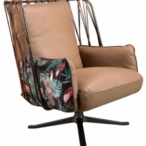 Lænestol med drejefod i stål, polyester og ægte læder H102 cm - Mat sort/Blomstret/Brun