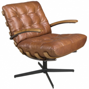 Lænestol med drejefod i stål, valnøddefinér og ægte læder H85 cm - Sort metallic/Valnød/Mørkebrun