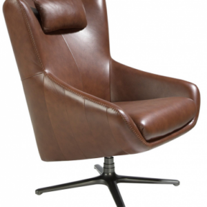 Lænestol med drejefod og armlæn i stål og ægte læder H100 cm - Mørk rustfri stål/Cognac brun