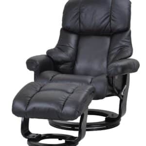 Crown recliner stol - sort læder, inkl. fodskammel