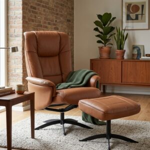 Hjort Knudsen 3255 Lænestol med Fodskammel Cognac m. krom | Møbelsalg.dk